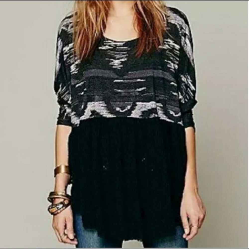 Free People Black Boho Aztec Eyelet Mid Sleeve Top Size XS